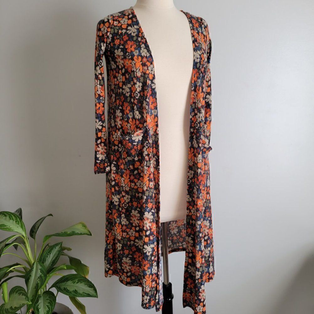 EUC LULAROE DITSY FLORAL LONG LIGHT WEIGHT POCKET CARDIGAN SIZE XS
